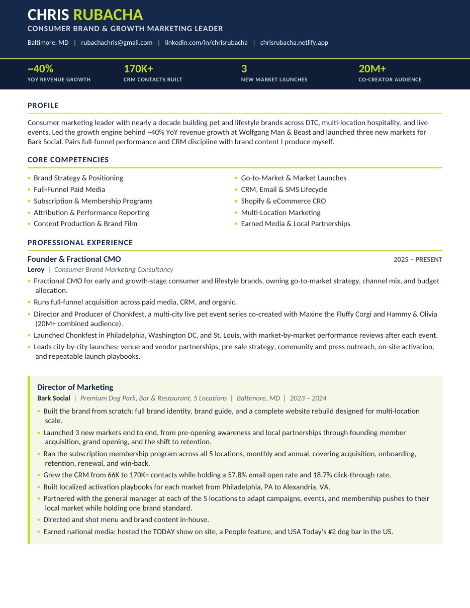 Page one of Chris Rubacha's resume