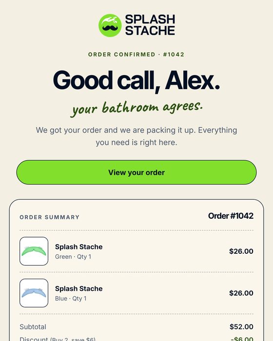 Order confirmation email, first screen
